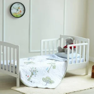 mcc direct White Solid Wooden Junior Toddler Kids Bed Montana with Foam Mattress and Safety Wooden Barrier (147 x 87.5 cm)