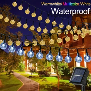 20/50/100 LED Solar String Lights, Warm White, Outdoor Crystal Globe Lights, Waterproof Solar Festoon Fairy Light For Garden