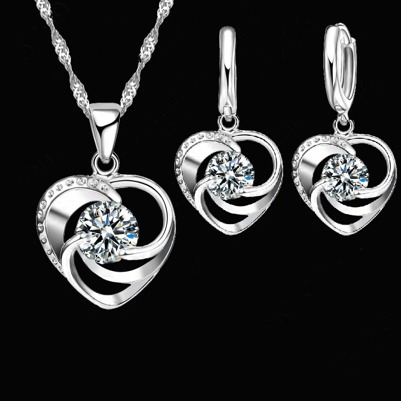 925 Sterling Silver Stamped Necklace Earrings Set Long Chain Sweet Romantic Style Love Heart Shape For Women Lady Wife - Image 2