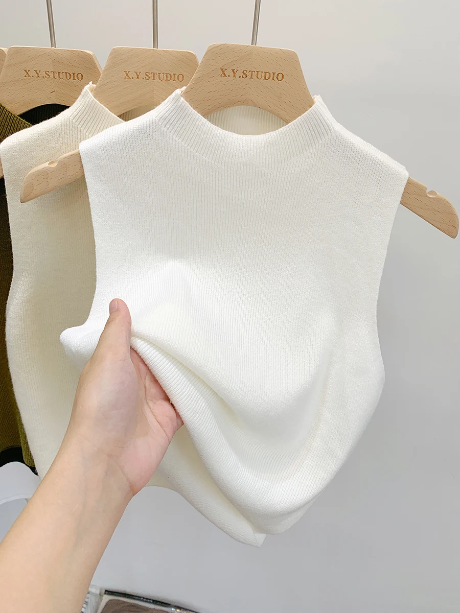 2024 Women Knitted Tank Top Summer Fall Slim Sweater Short Sleeveless Solid Spring Autumn Sweaters Pullovers - Image 2