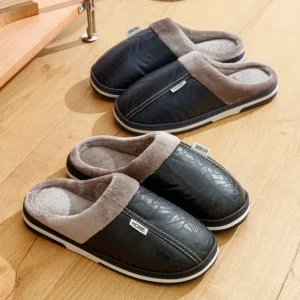 Big Size Winter Casual Men's Slippers Indoor Waterproof PU Leather Home Shoes Fur Flat Warm Fashion Bedroom Houseshoes