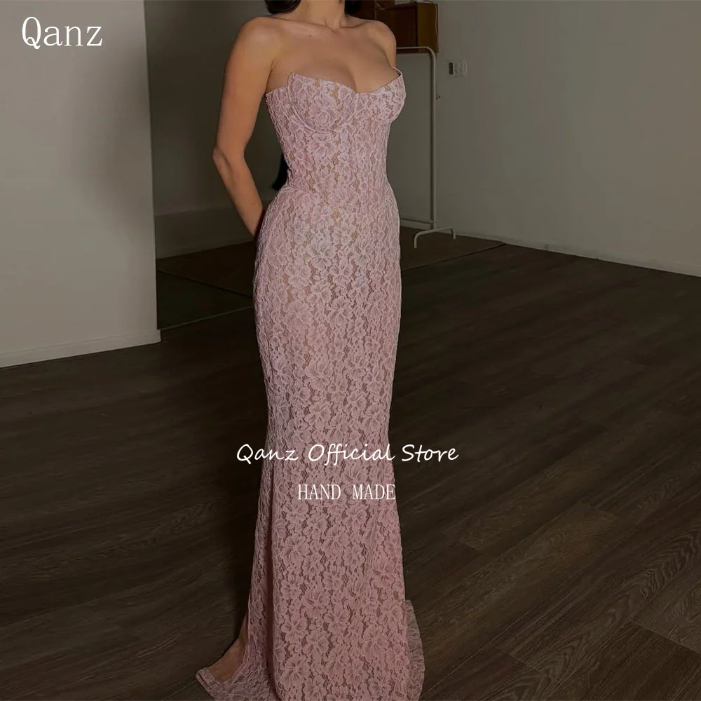 Qanz Charming Pink Full Lace Prom Dress Women's Evening Dresses for Special Occasions Mermaid Vestidos De Fiesta Customized
