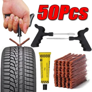 Tubeless Tire Repair Kit with Rubber Strip Plugs & Insertion Tools for Car Motorcycle Truck Puncture Emergency Fix