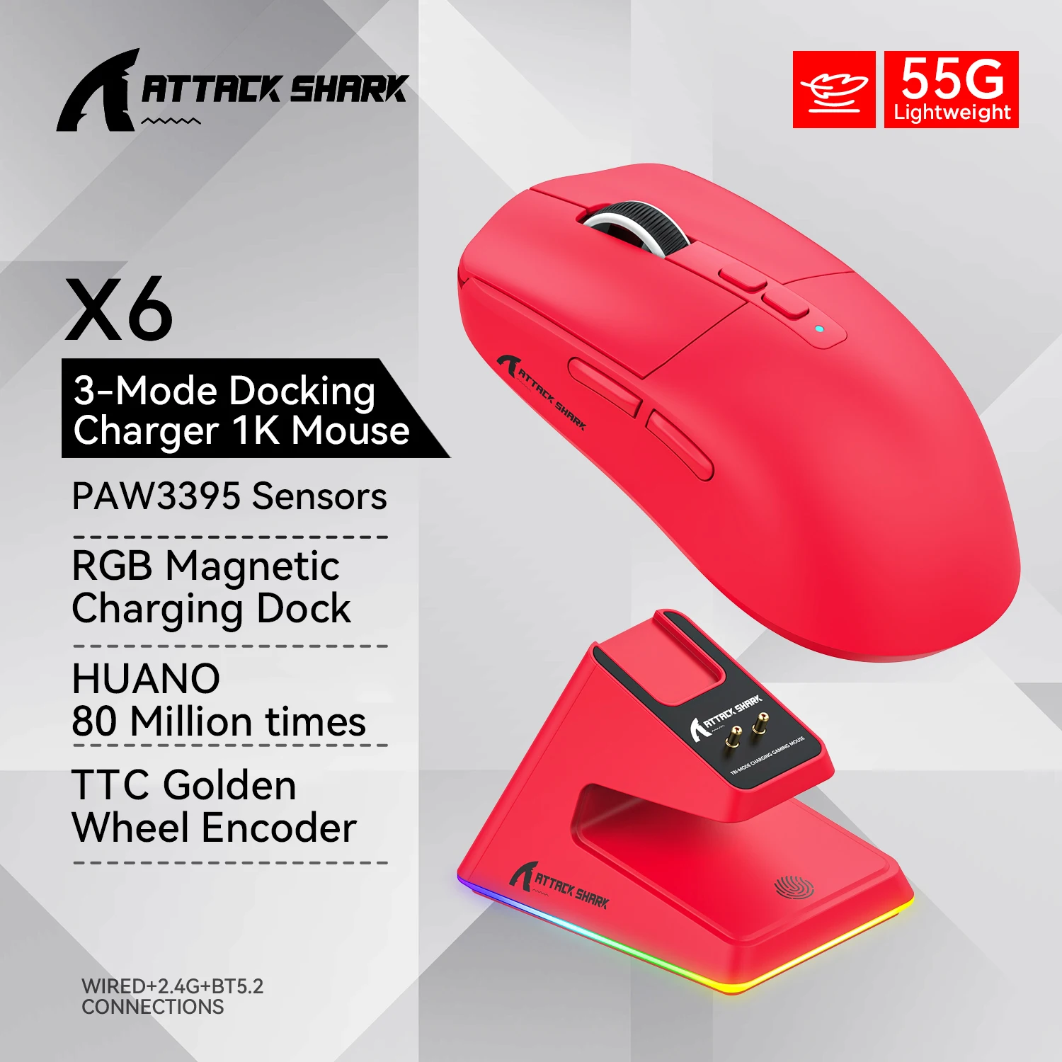 Attack shark X6 Bluetooth Mouse,PAW3395,2.4 Tri-Mode Connection, RGB Touch Magnetic Charging Base, Macro Gaming Mouse - Image 7