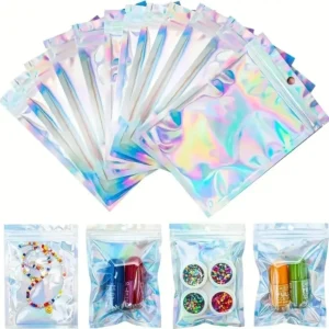 100pcs Holographic Bag Laser Rainbow Pattern Self Sealing Bag Candy Bag Front Window Sample Jewelry Packaging Plastic Pouch