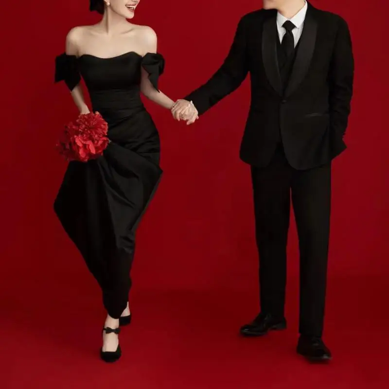 Sweet Bow Off The Shoulder Wedding Dresses Satin Black Evening Dress Elegant Floor-length A Line Simple Bridal Dress Customized - Image 5