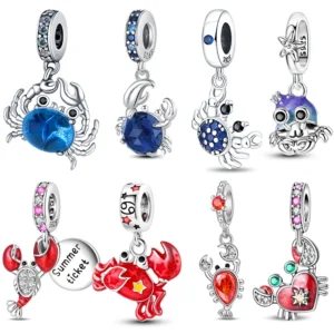 Original 925 Sterling Silver Charms Beads Blue Crab Red Lobster Charms Pendant For Women Fine DIY Bracelet Jewelry Gifts