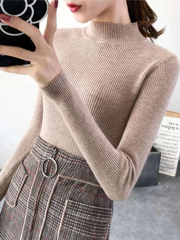 Autumn Winter Mock Neck Women Sweater Vintage Basic Solid Knitted Tops Casual Slim Pullover Korean Sweaters Simple Chic Jumpers - Image 7