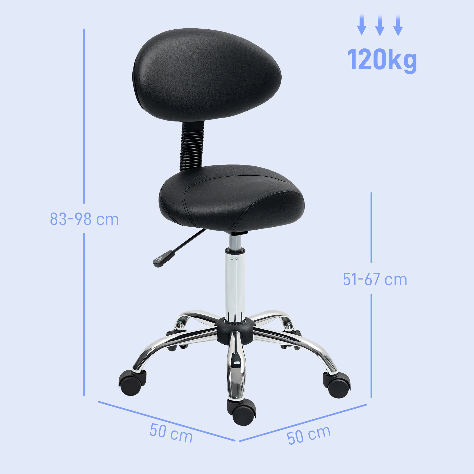 Stool with Wheels and Removable Backrest Adjustable Height 83-98 cm Black - Image 3