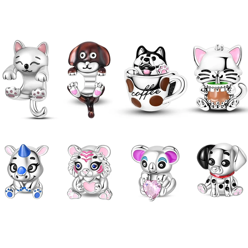 Original 925 Sterling Silver Charms Beads Cute Cat Dog Tiger Koala Animal Charm Pendant For Women Fine DIY Birthday Jewelry Gift