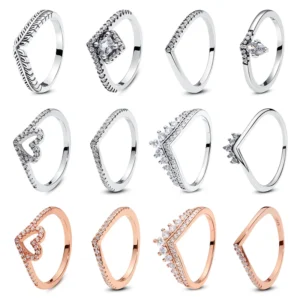 Original 925 Sterling Silver Rings For Women Love Heart Crown Wishbone Engagement Wedding Ring Rose Gold Luxury Jewelry Gift