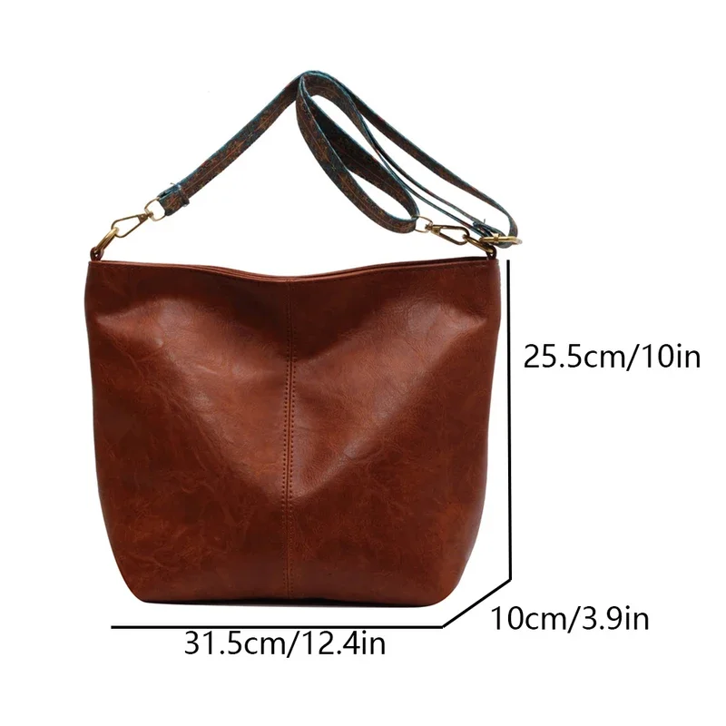 Women's retro large capacity Pu shoulder bag, fashionable crossbody bag, simple casual commuting bucket bag - Image 2