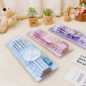 Sanrio Cinnamoroll Kuromi 12pc HB Pencil Set with Sharpener & Eraser，School Stationery Box for Writing Drawing，Kawaii Anime Stud