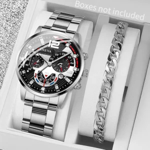 2PCS Men Business Watches Fashion Steel Band Male Analog Quartz Watch Bracelet Set Relogio Masculino Reloj Hombre(Without Box)