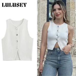 2025 Summer Y2K Metal Button Vest - Extra-Stretch Knit Sleeveless Top for Campus/Street Snap/Cosplay