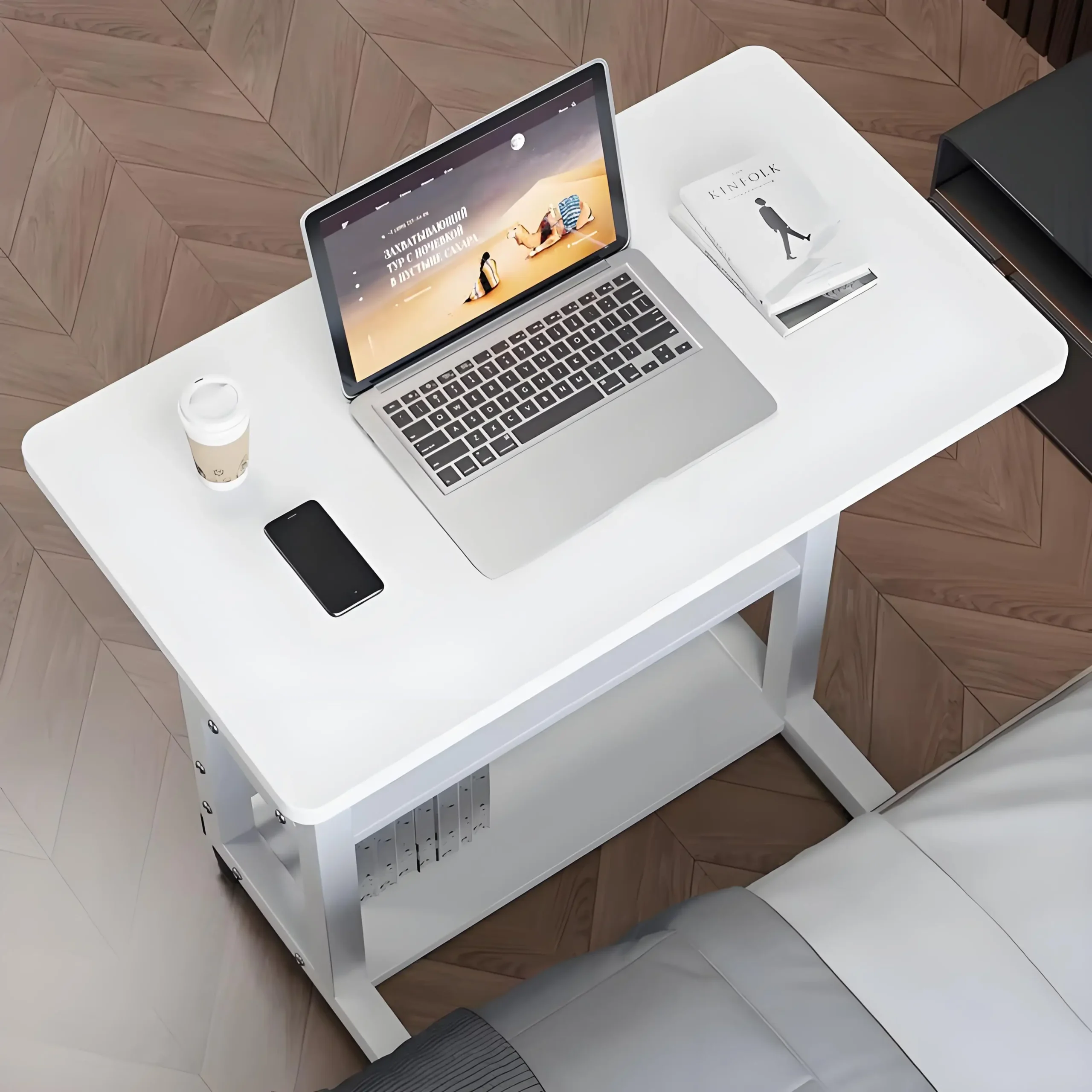 Double-Layer Office Desk Movable Bedside Computer Lazy Table with storage shelf Laptop white Bedroom Desk lift table furniture - Image 2