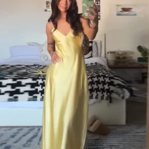 Sexy Yellow Satin Blend Sling Dress Women Elegant Sling Collar Backless Long Dresses 2025 Women New Lady Beach Vacation Robes