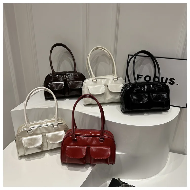 Retro Women's Satchel Hobo Bag PU Leather Shopping Bag Fashion Solid Designer Armpit Bag Casual Double Pocket Hand Underarm Bag