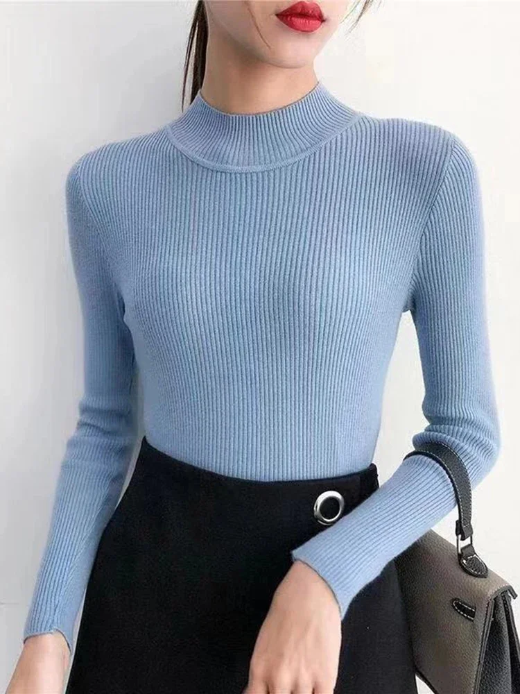Autumn Winter Mock Neck Women Sweater Vintage Basic Solid Knitted Tops Casual Slim Pullover Korean Sweaters Simple Chic Jumpers - Image 2