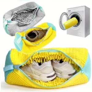 1PC Durable Shoe Washing Machine Bag for All Shoe Types-Yellow/Grey with Zipper for Sneakers and Casual Shoes Laundry Wash Bag