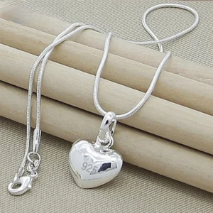 Silver Color Solid Small Heart Pendant Necklace 16-30 Inch Snake Chain For Women Wedding Charm Fashion Jewelry