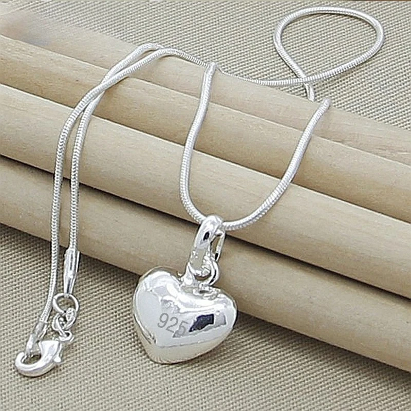 Silver Color Solid Small Heart Pendant Necklace 16-30 Inch Snake Chain For Women Wedding Charm Fashion Jewelry