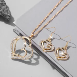 1 Pair Of Earrings + 1 Necklace French Romantic Style Jewelry Set Sparkling Heart Design Silvery Or Golden Make Your Call Gift F