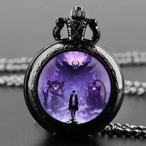 Anime Solo Leveling Glass Dome Pocket Watch with Chain Necklace Vintage Quartz Pendant Watches Mens Women Gift