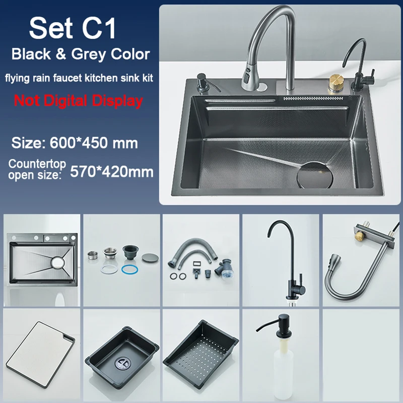 Stainless Steel Kitchen Sink with Faucet Digital Display Large Single Bowl Waterfall Rain 5 Functions System Dish Basin Sink - Image 11