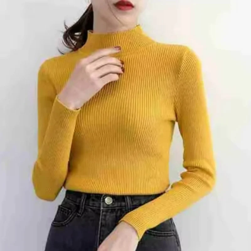Autumn Winter Mock Neck Women Sweater Vintage Basic Solid Knitted Tops Casual Slim Pullover Korean Sweaters Simple Chic Jumpers - Image 10