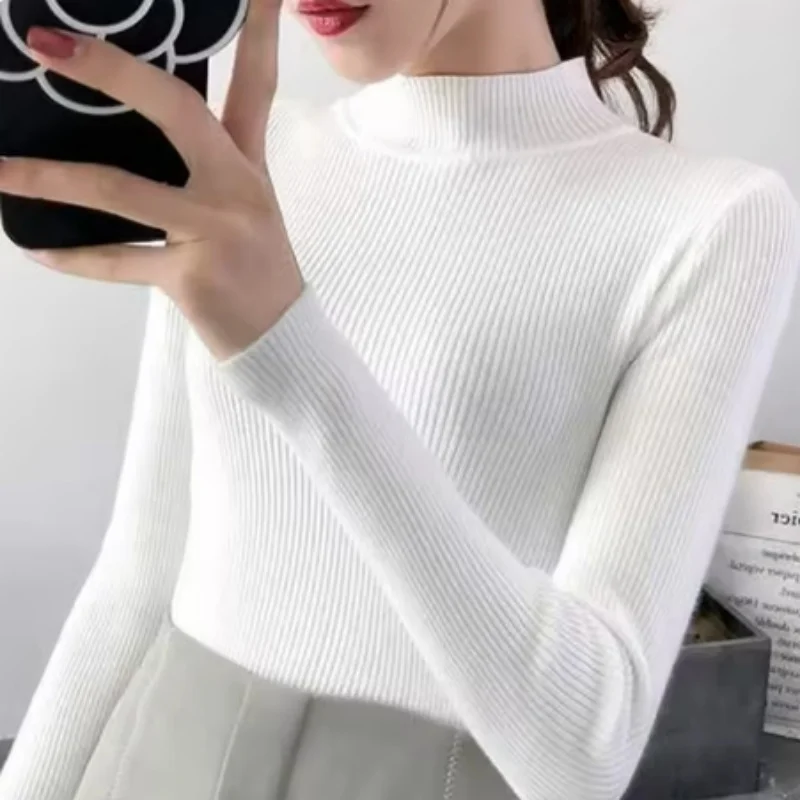 Autumn Winter Mock Neck Women Sweater Vintage Basic Solid Knitted Tops Casual Slim Pullover Korean Sweaters Simple Chic Jumpers - Image 3