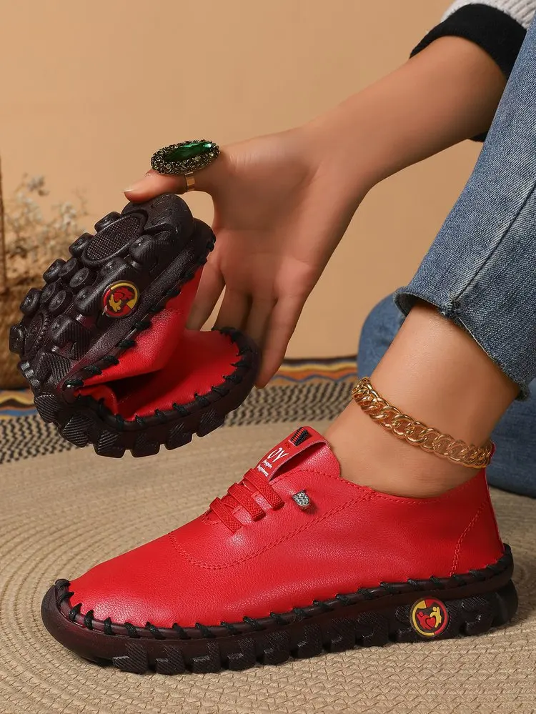 2025 Spring and Autumn Hand-stitched Single Shoes Large Size Women's Shoes Middle-aged Mom Shoes White Shoes Flat Casual Shoes - Image 9