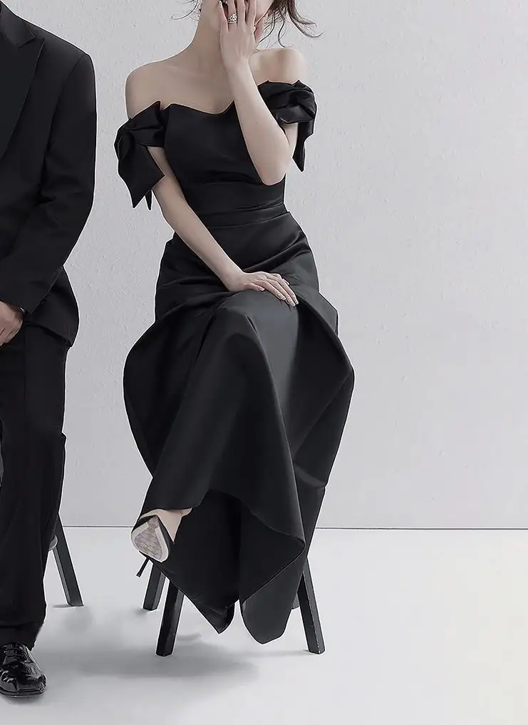 Sweet Bow Off The Shoulder Wedding Dresses Satin Black Evening Dress Elegant Floor-length A Line Simple Bridal Dress Customized - Image 7