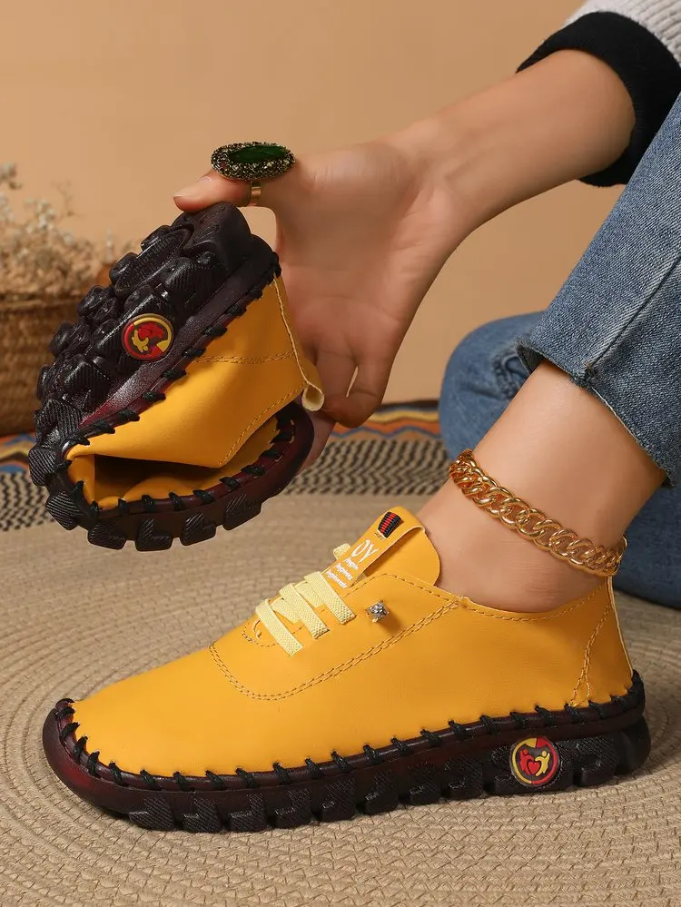 2025 Spring and Autumn Hand-stitched Single Shoes Large Size Women's Shoes Middle-aged Mom Shoes White Shoes Flat Casual Shoes - Image 18