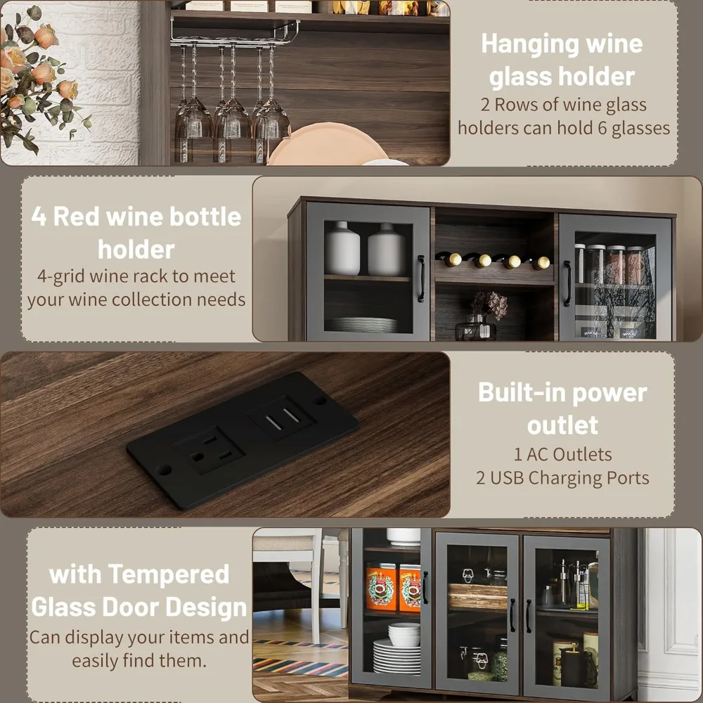 Pantry Cabinet, 71" Tall Coffee Bar Liquor Cabinet with Power Outlet & LED Lights, Kitchen Hutch Food Pantry with Microwave Stan - Image 6