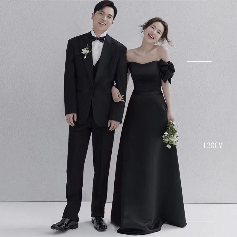 Wedding Dresses Sweet Bow Off The Shoulder For Women 2024 Satin Black Evening Dress Elegant Floor-length Simple Wedding Shooting - Image 2