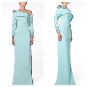 Customized  Classic Blue Jersey Evening Dress Exquisite One Shoulder Long Sleeves Party Dress Temperament  Celebrity Go