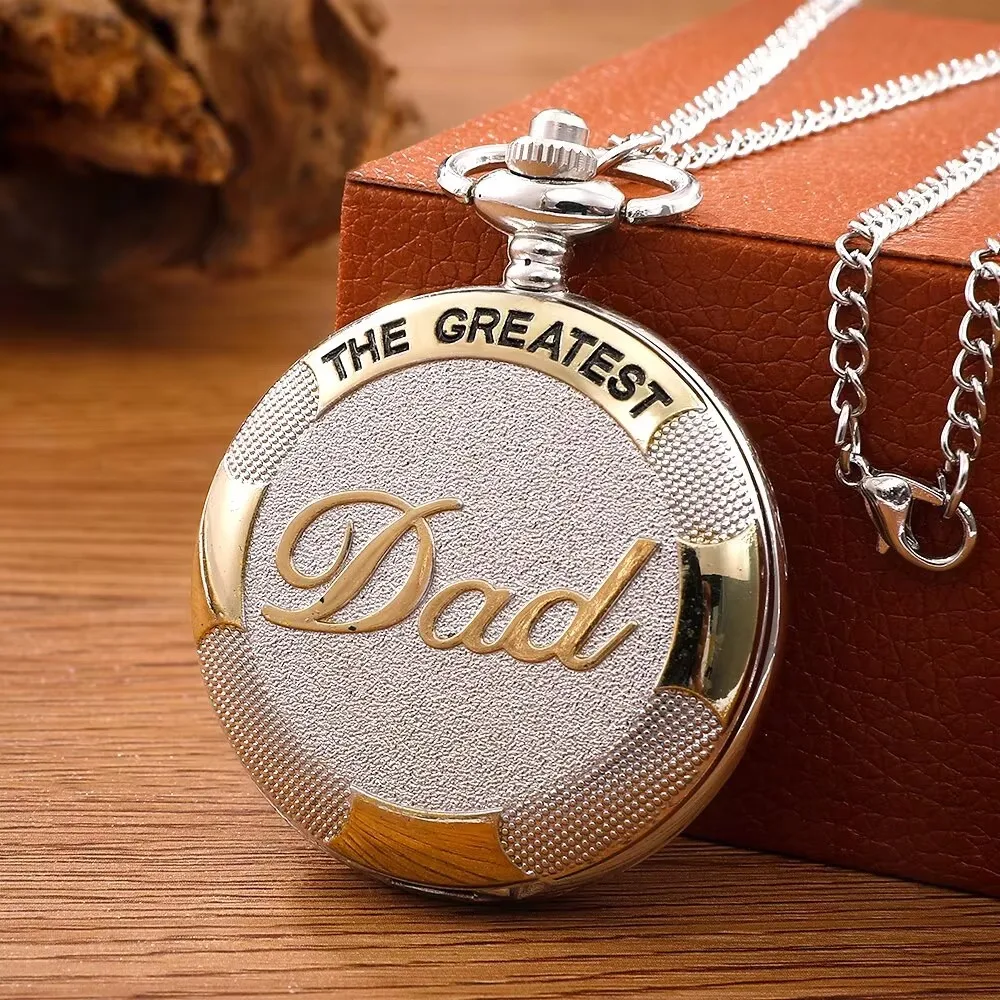 Vintage Silver Golden Luxury THE GREATEST DAD Quartz Pocket Watch Fob Chain Necklace Mens Fathers Gifts Clock Relogio De Bolso - Image 8