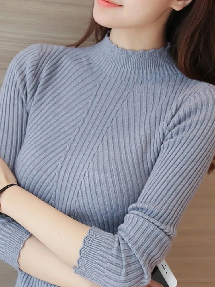 2025 Autumn Women Mock Neck Ruffles Sweater Long Sleeve Knitted Bottoming Solid Pullovers Stripe Women Casual Sweater Winter - Image 5