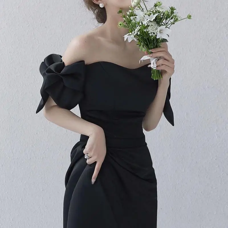 Sweet Bow Off The Shoulder Wedding Dresses Satin Black Evening Dress Elegant Floor-length A Line Simple Bridal Dress Customized - Image 4