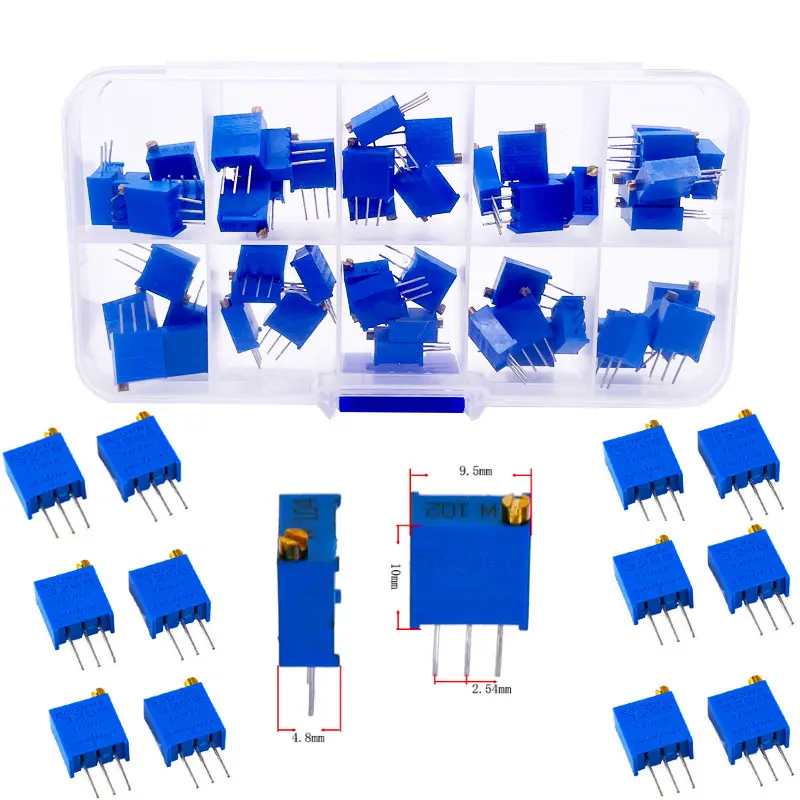 10 kinds of 50pcs 3296W multi-turn precision adjustable resistor trimmer potentiometer ESC kit 500R/1K/2K/5K/10K/20K/50K/100K/1M