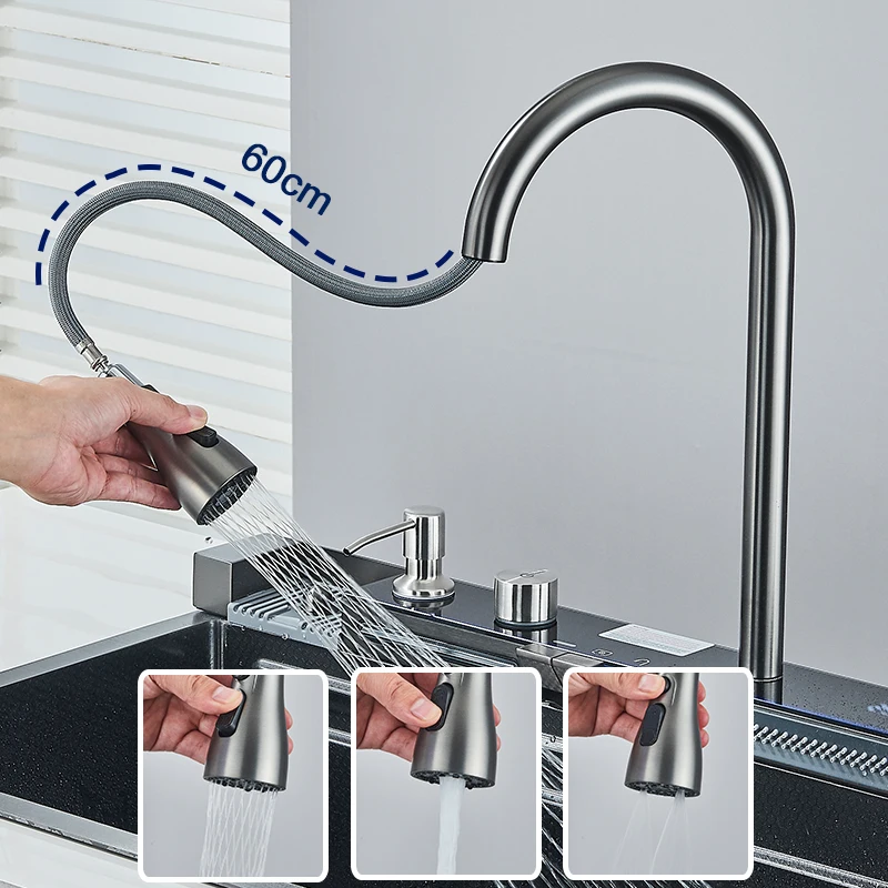 Stainless Steel Kitchen Sink with Faucet Digital Display Large Single Bowl Waterfall Rain 5 Functions System Dish Basin Sink - Image 2