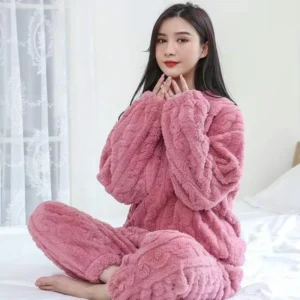 Autumn Women Solid Warm 2 Piece Sets Thicken Velvet Ribbed Fleece Set Pullover And Pants Women Casual Pajama Sets