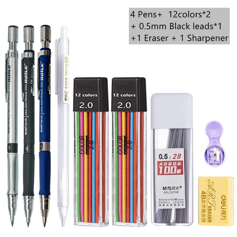 Mechanical Pencil Set 2.0 mm with 2B Black/Colors Lead Refill For Writing Sketching Art Drawing Painting School Automatic Pencil - Image 16