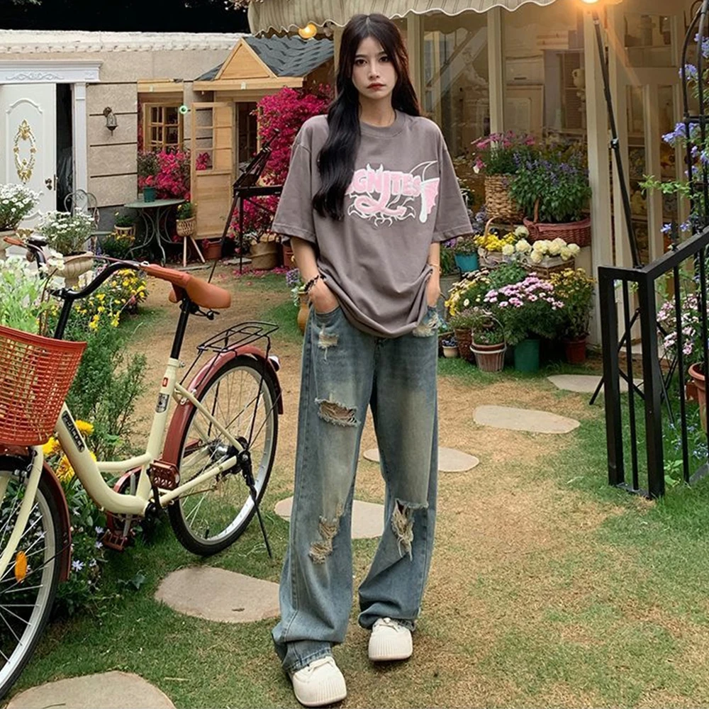 American Retro Hole-punched Jeans Women High Waist Straight-crotch Loose Slim Design High-street Vibe Wide-legged Dragging Pants - Image 4