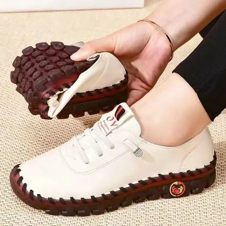 2025 Spring and Autumn Hand-stitched Single Shoes Large Size Women's Shoes Middle-aged Mom Shoes White Shoes Flat Casual Shoes - Image 8