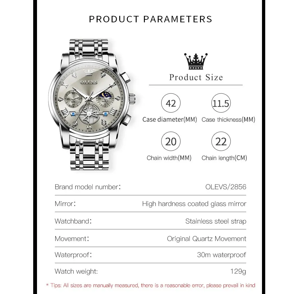 OLEVS 2856 Man Watch 24 Hour Moon Phase Chronograph Waterproof Luminous Multifuncation Original Luxury Quartz Wristwatch for Men - Image 6