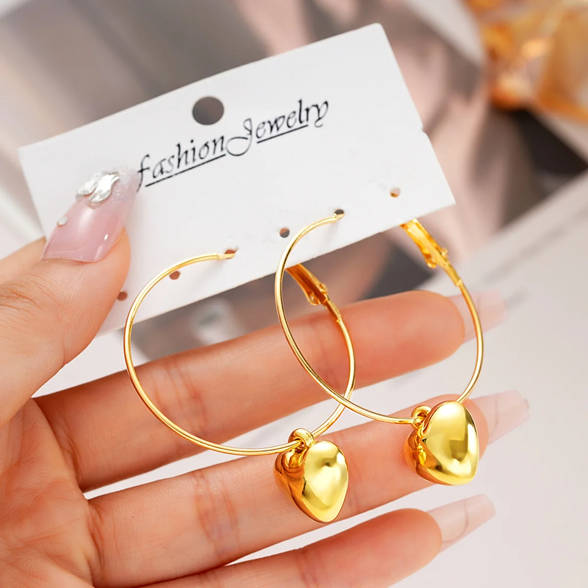 2024 New Heart Pendant Drop Earrings for Women Fashion Gold Color Design Exaggerate Big Circle Hoops Earring Korean Jewelry Gift - Image 3