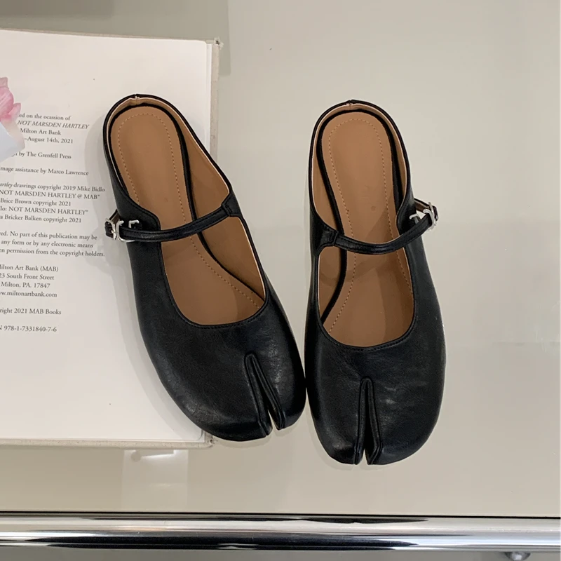 SUOJIALUN Autumn Women Flat Shoes Fashion Split Toe Flat Heel Laofer Shoes Shallow Soft Leather Casual Outdoor Mary Jane Shoes - Image 14