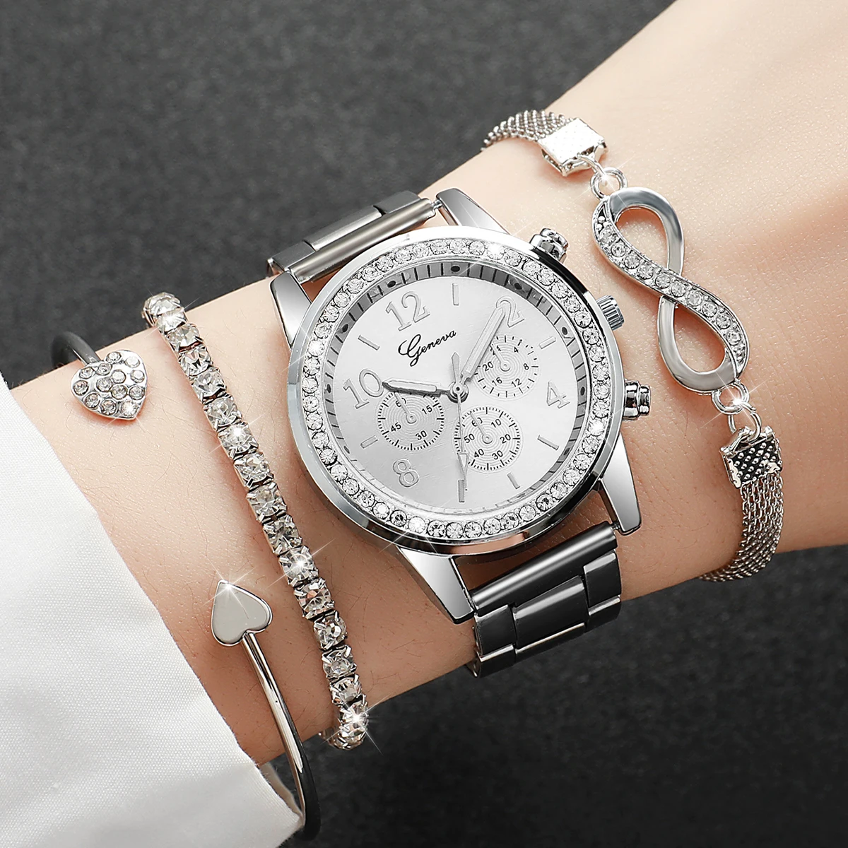 4PCS/Set Women's Watch Fashion Rhinestone Arabic Dial Steel Band Quartz Watches Bracelets Set(Without Box)
